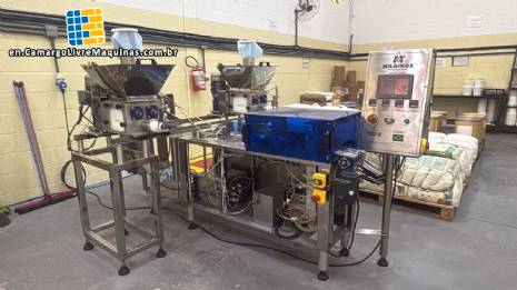 Extruder, filling and dosing machine with flow pack packaging machine, Milainox model year 2024.